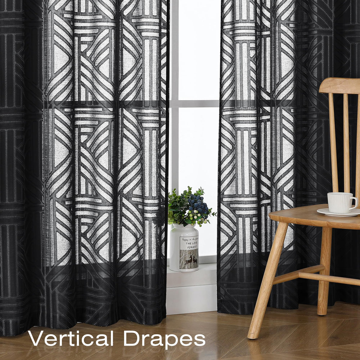 Black 72 Inch 2 Panels Geometric Jacquard Semi Sheer Curtains U6014