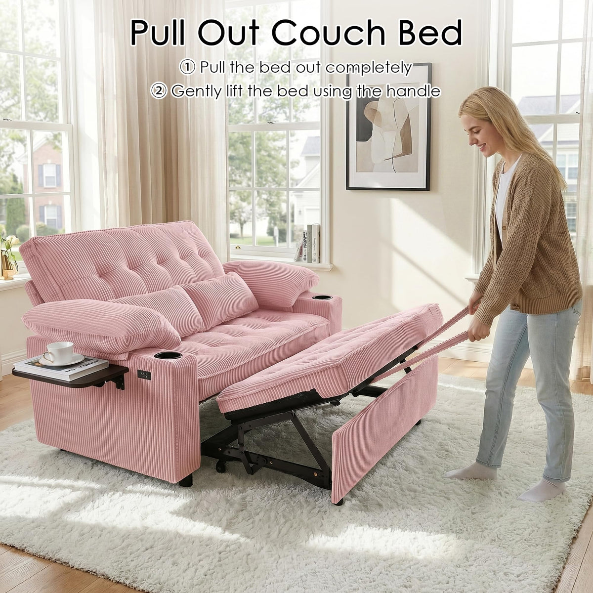 Pink Corduroy Full Size Sleeper Sofa Bed A67642