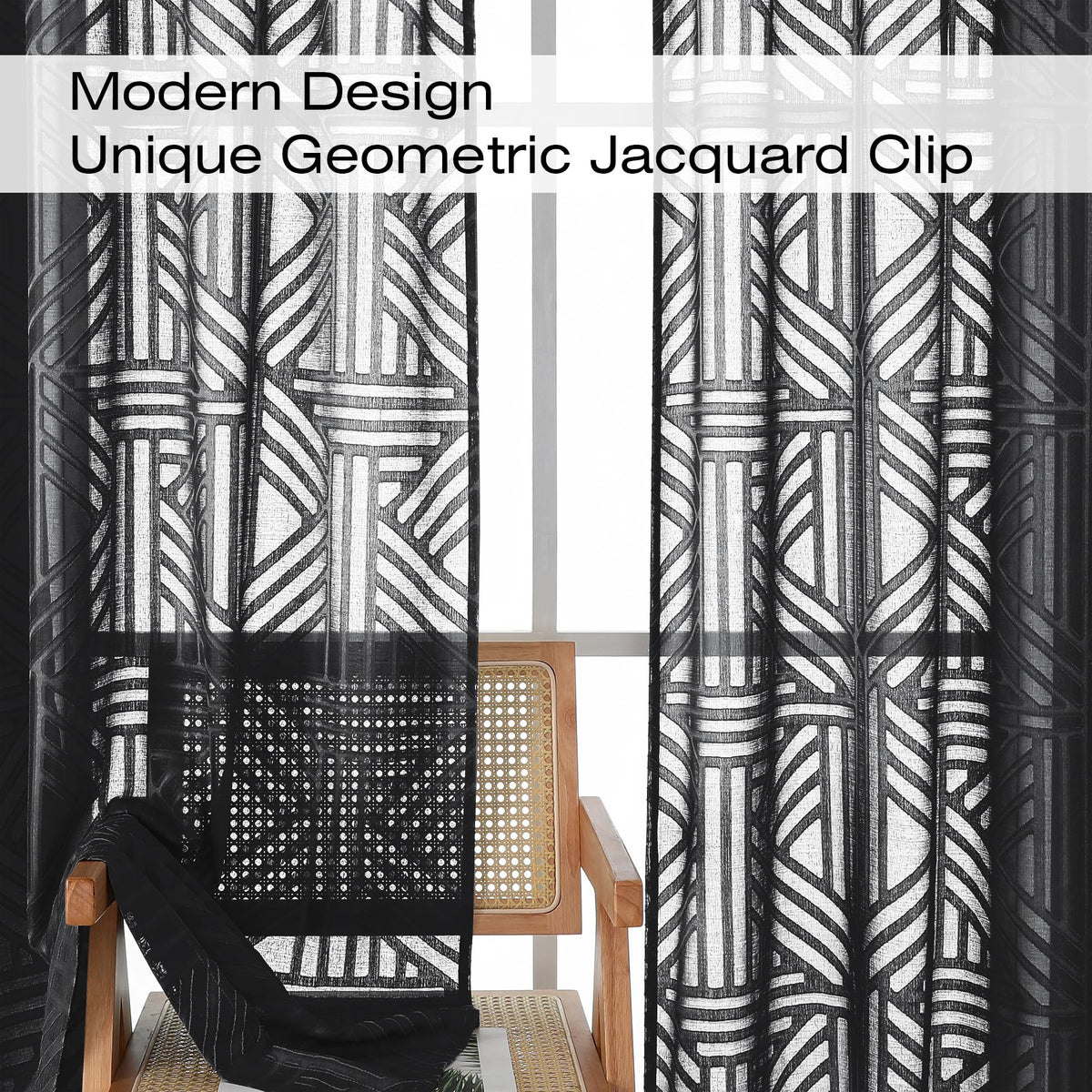 Black 72 Inch 2 Panels Geometric Jacquard Semi Sheer Curtains U6014