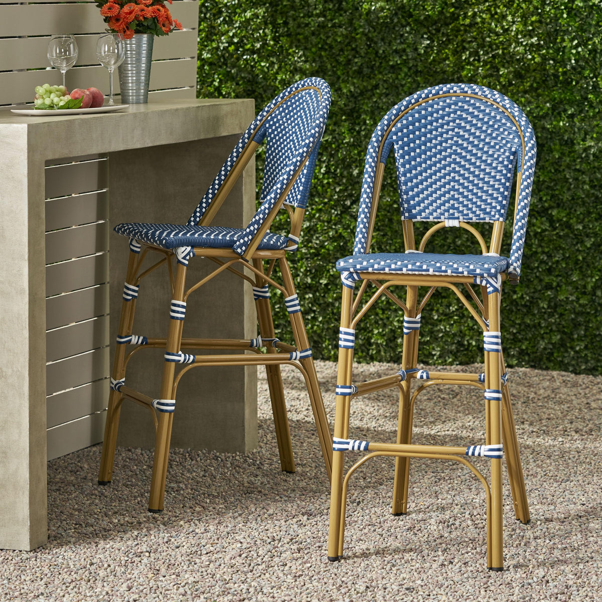 29.5" Bar Height Outdoor Stools Set of 2 Wicker Rattan Aluminum Teal Blue White I619077