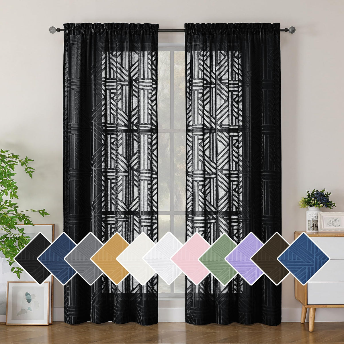 Black 72 Inch 2 Panels Geometric Jacquard Semi Sheer Curtains U6014