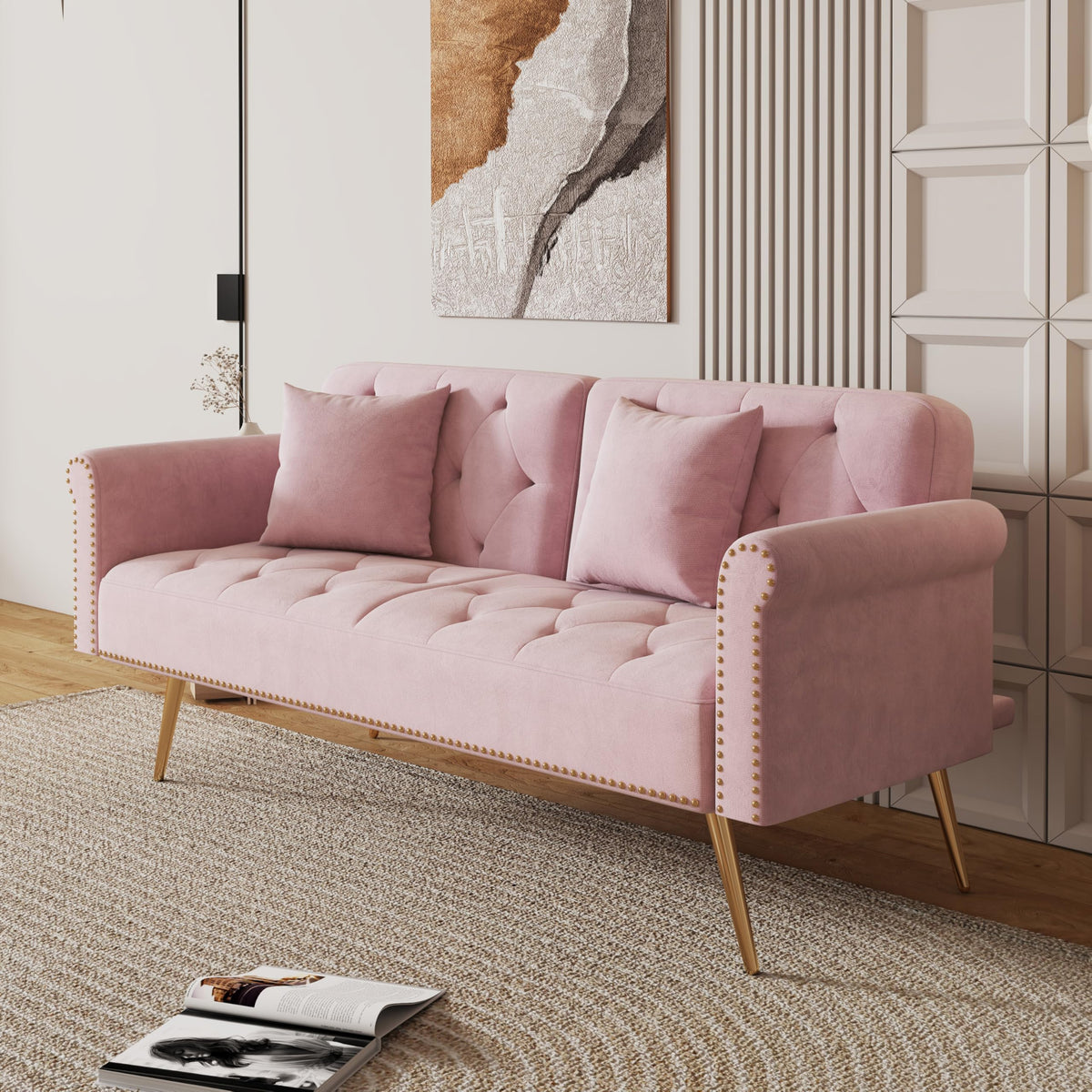 Pink Velvet Futon Sofa Bed E716217