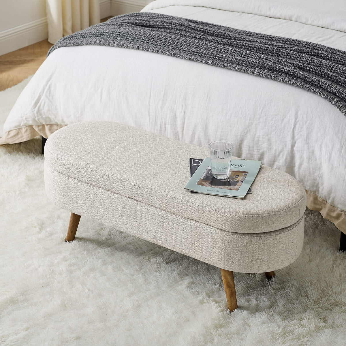 43.5" L Upholstered Linen Storage Ottoman Bench with Rubber Wood Legs E5689