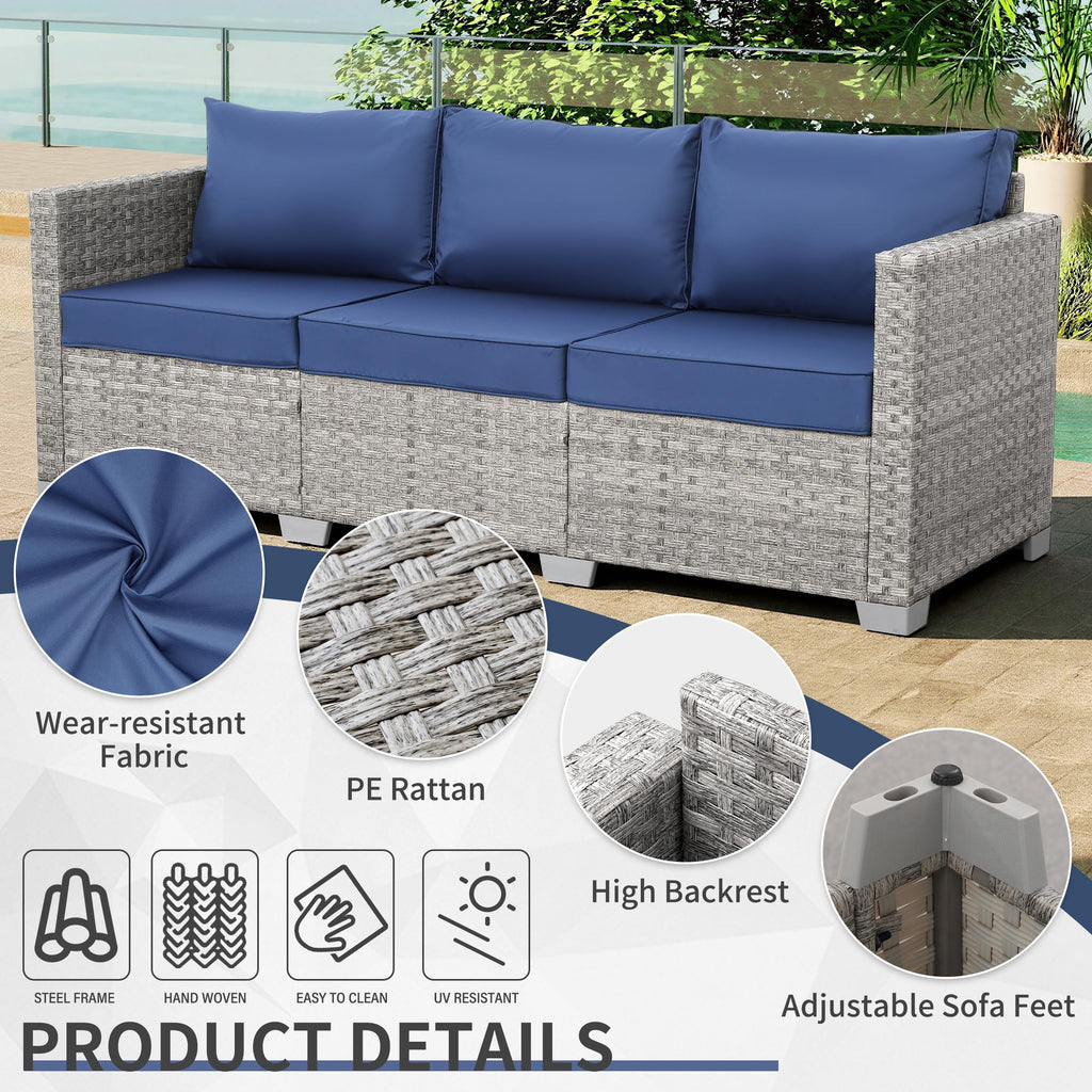 3 Seater Grey Wicker Patio Sofa with Navy Blue Cushion S978