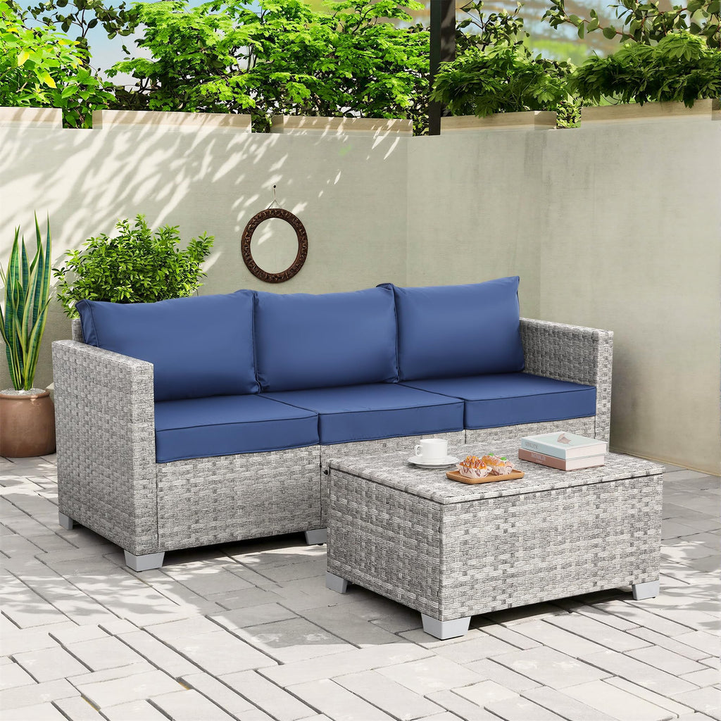 3 Seater Grey Wicker Patio Sofa with Navy Blue Cushion S978