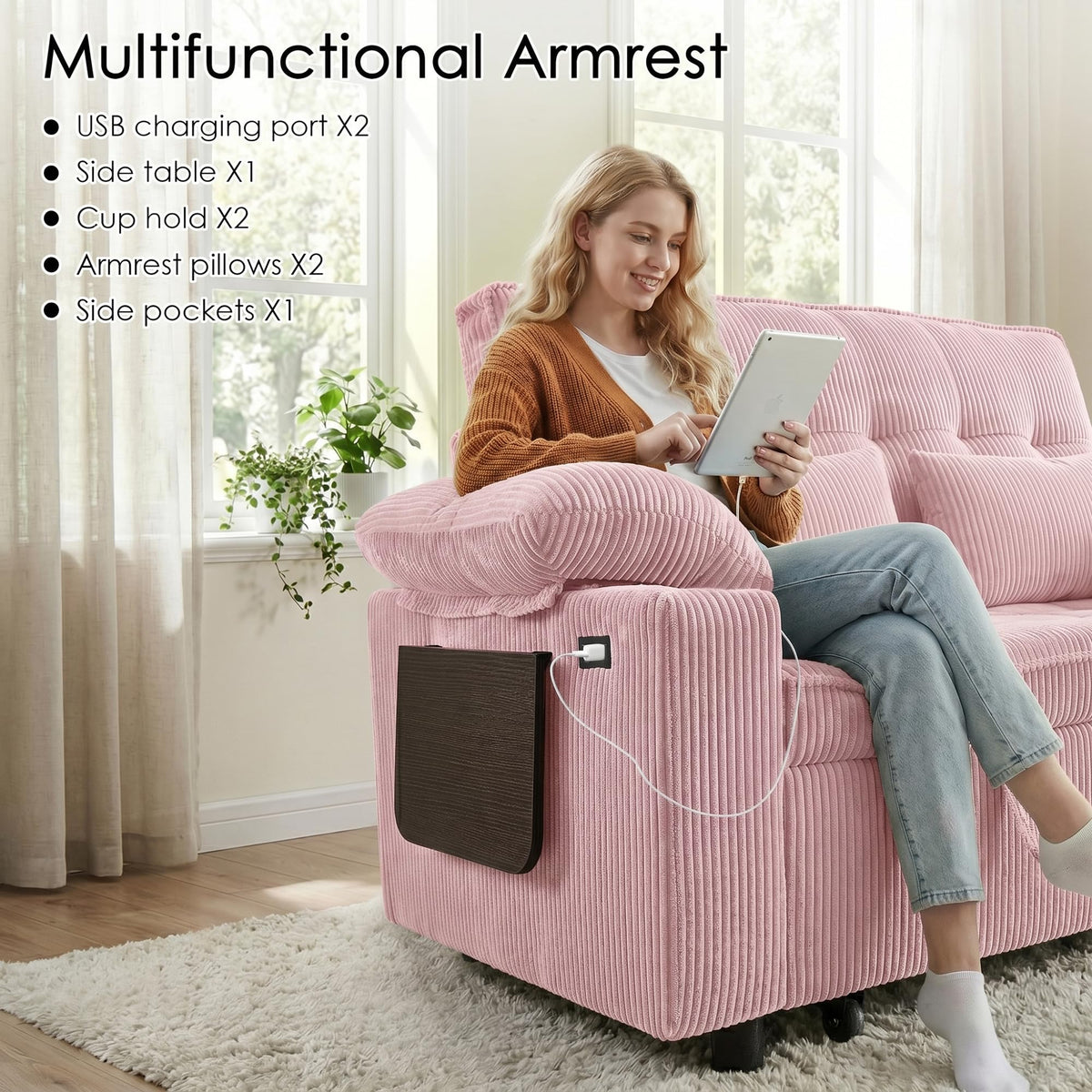 Pink Corduroy Full Size Sleeper Sofa Bed A67642