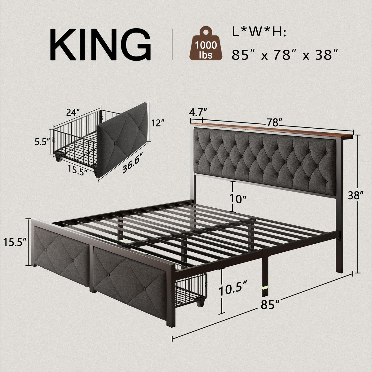 King Size Metal Platform Bed Frame with 2 Storage Drawers O7996