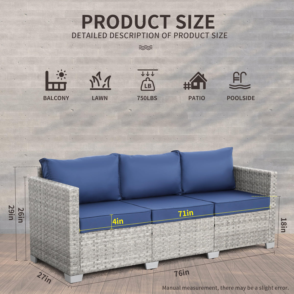 3 Seater Grey Wicker Patio Sofa with Navy Blue Cushion S978