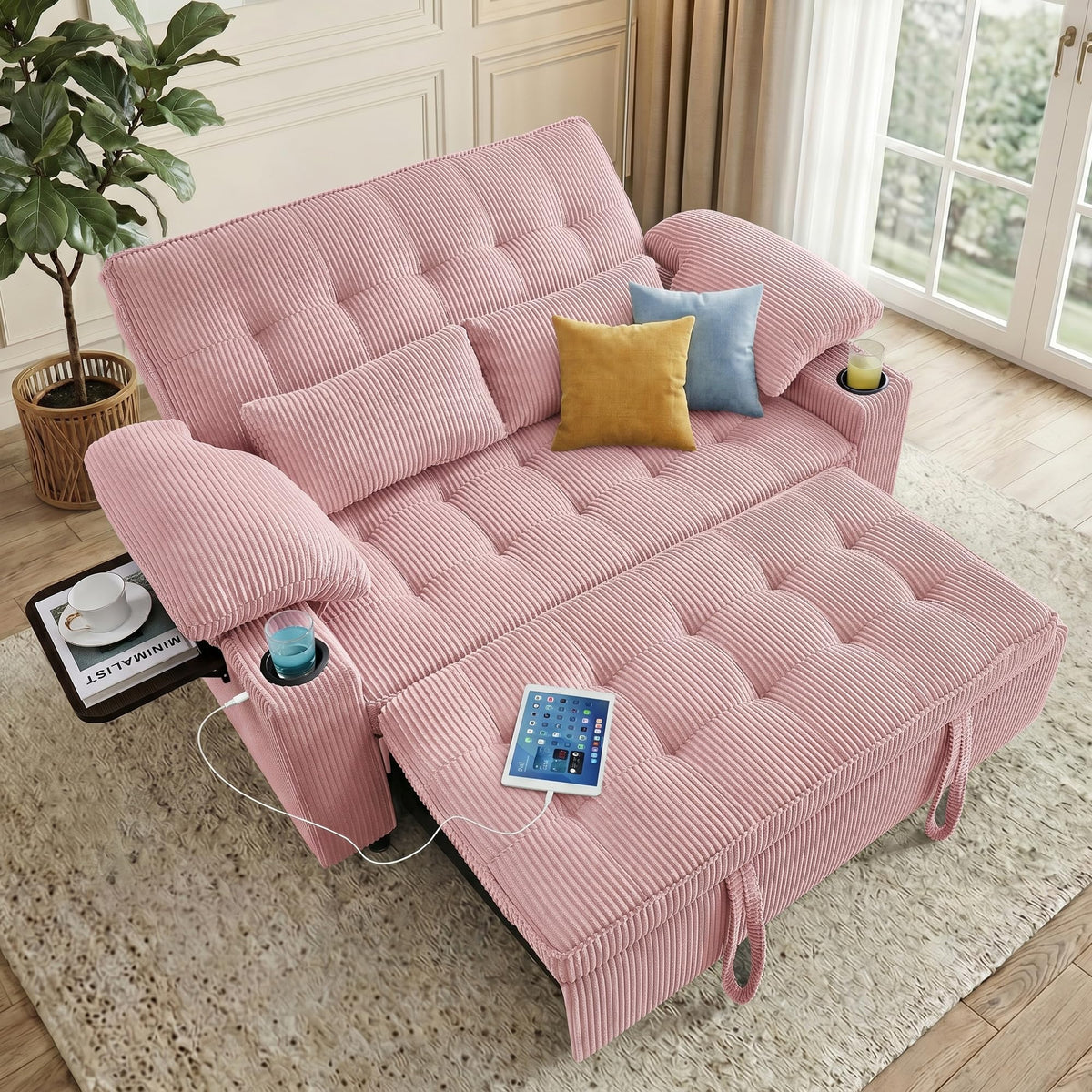 Pink Corduroy Full Size Sleeper Sofa Bed A67642