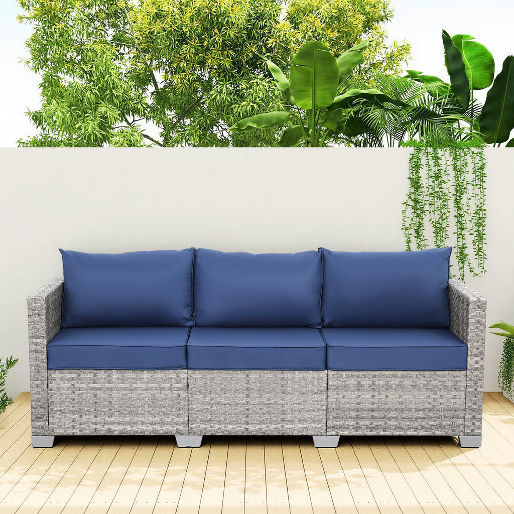 3 Seater Grey Wicker Patio Sofa with Navy Blue Cushion S978