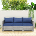 3 Seater Grey Wicker Patio Sofa with Navy Blue Cushion S978