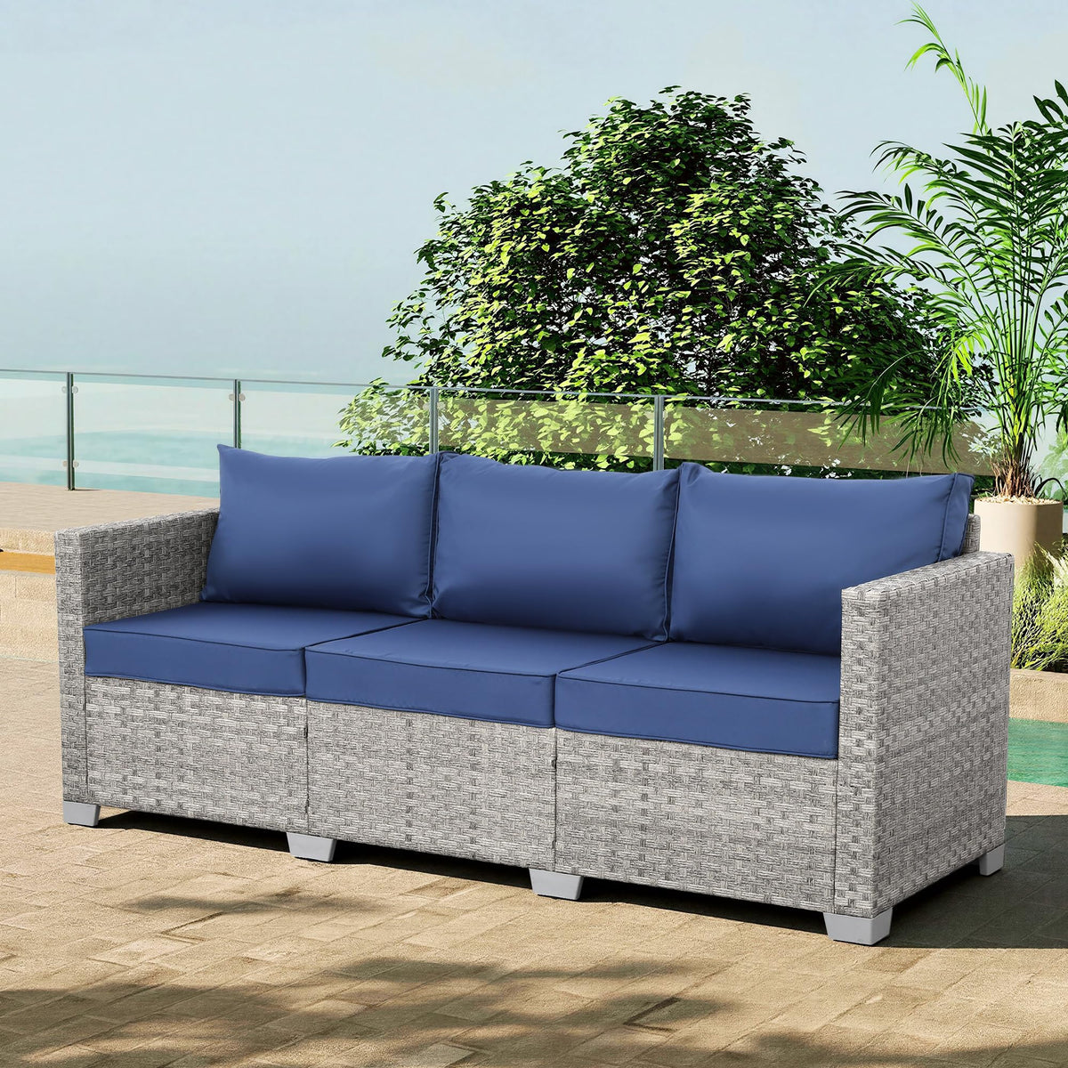 3 Seater Grey Wicker Patio Sofa with Navy Blue Cushion S978