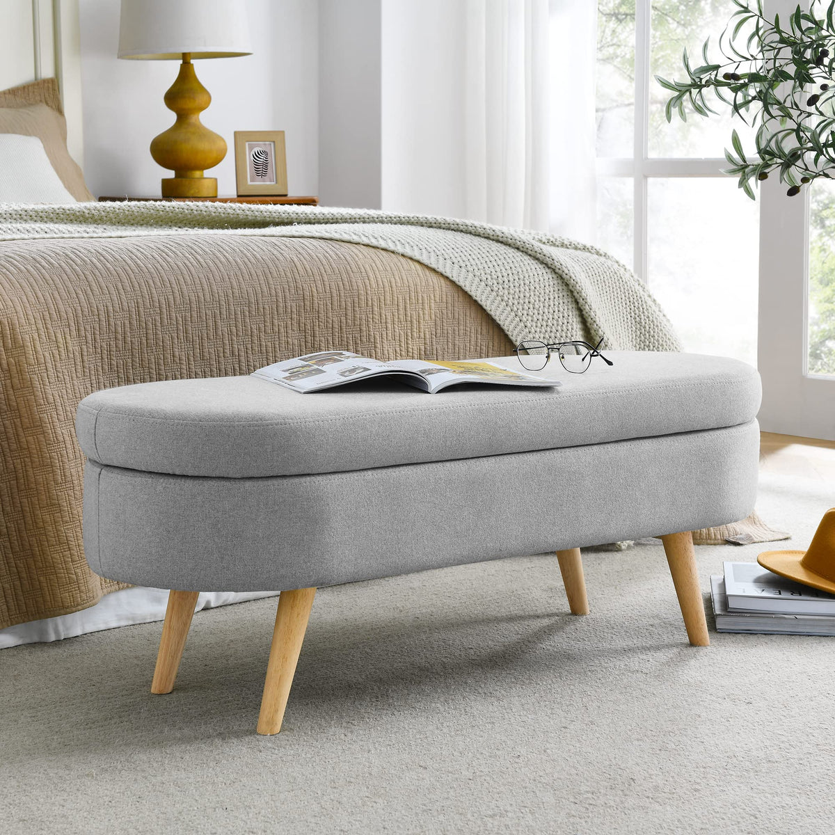 Oval Storage Bench with Rubber Wood Legs Q8763