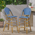 29.5" Bar Height Outdoor Stools Set of 2 Wicker Rattan Aluminum Teal Blue White I619077