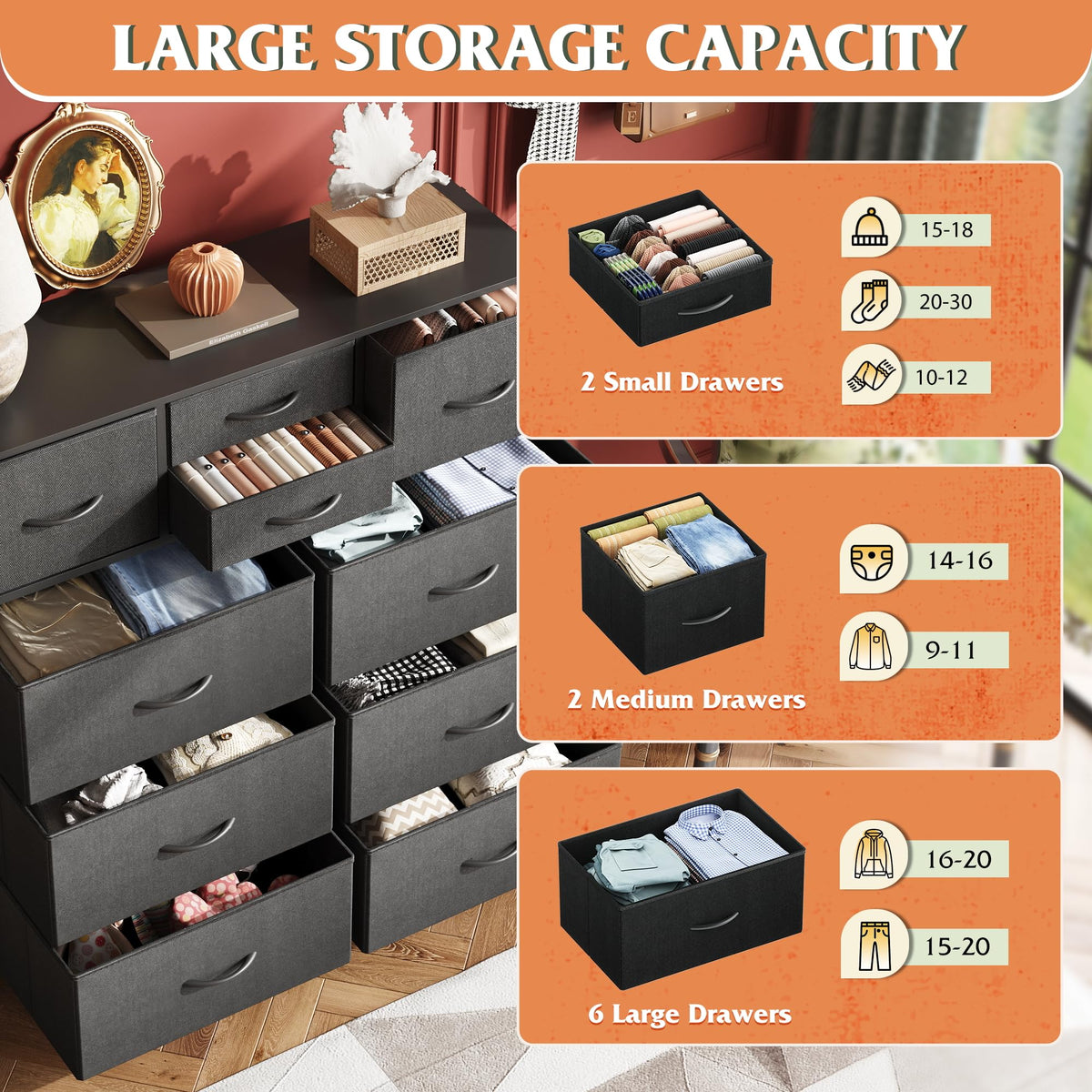 Black 10 Drawer Fabric Dresser E517405